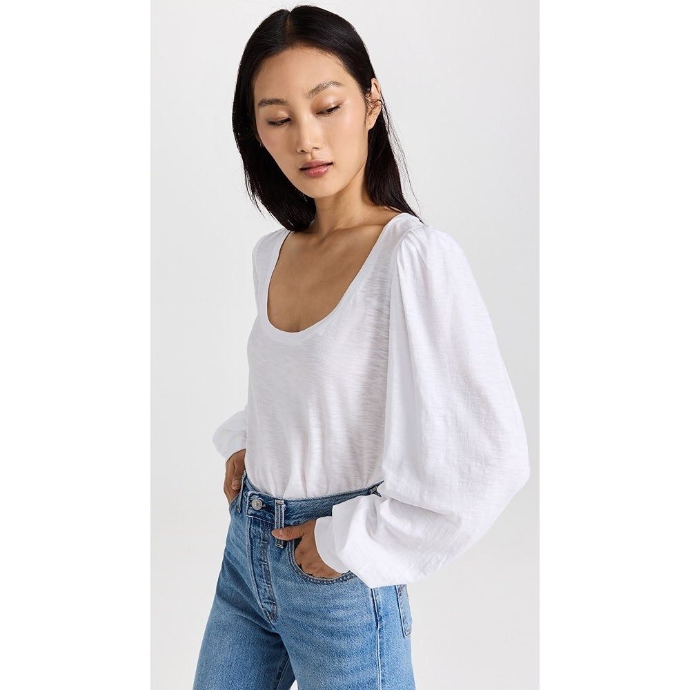 PAIGE Sylvie White Slub Knit Scoop Neck Puff‎ Sleeve Long Sleeve Top Medium